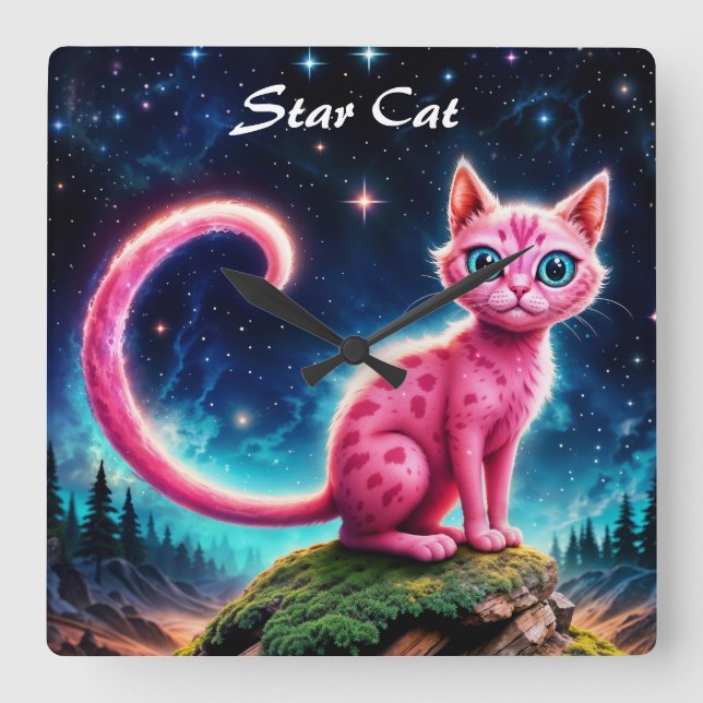 Reloj Cuadrado Fantasía gato rosa en el bosque nocturno mágico es (Anverso)