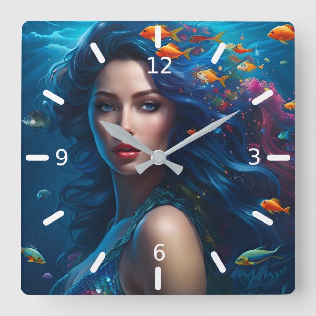 Reloj Cuadrado Fantasía Hermosa Sirena Azul (Anverso)