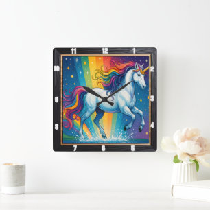 Reloj Cuadrado Fantasía mágica de Rainbow Unicorn