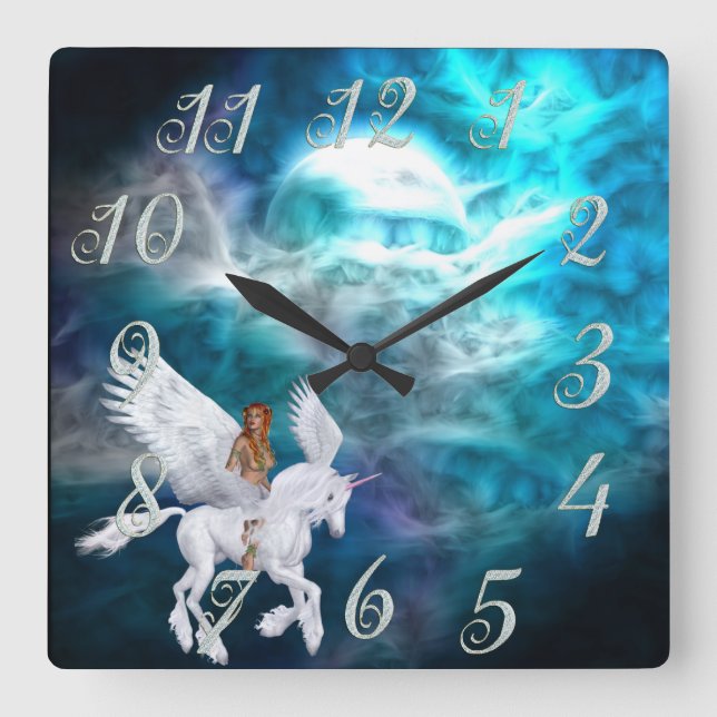 Reloj Cuadrado Fantasía Sky Pegasus Wall Clock (Anverso)