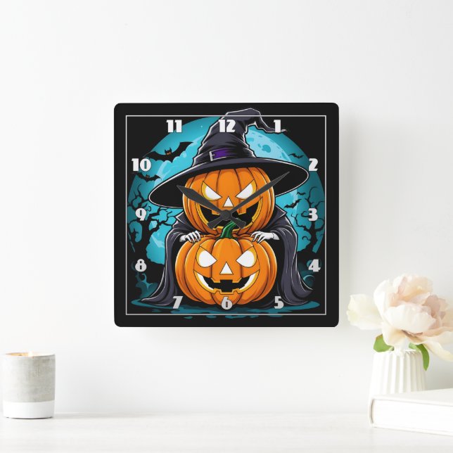 Reloj Cuadrado Fantasma de Halloween con calabazas bajo la luz de (Hogar)