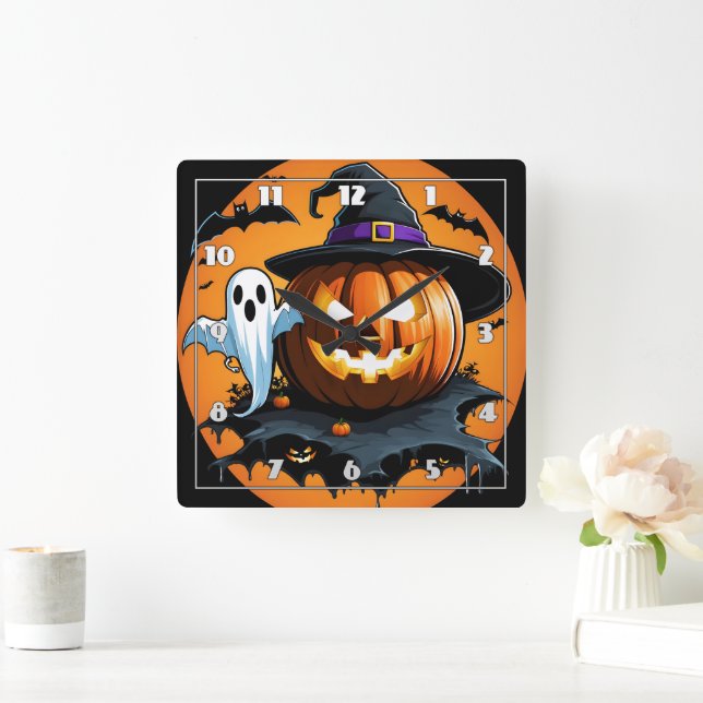 Reloj Cuadrado Fantasma de Halloween flota junto a una calabaza t (Hogar)