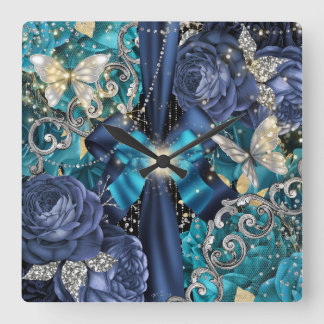 Reloj Cuadrado Fantasma de mariposa de plata azul Aqua shabby chi