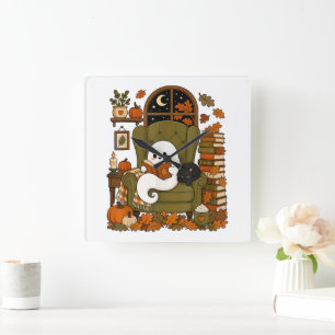 Reloj Cuadrado Fantasma Lindo Leyendo Libro Gato Negro Otoño Cala