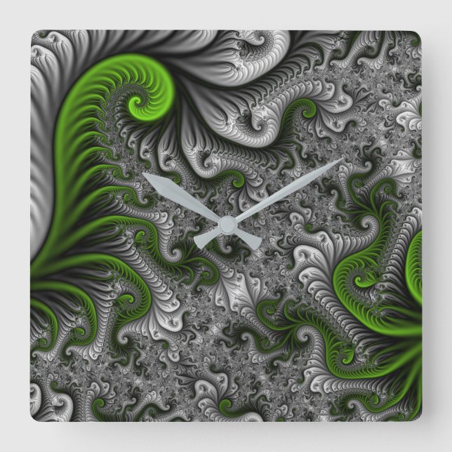 Reloj Cuadrado Fantasy Mundo Arte Fractal Verde Y Gris Abstracto (Anverso)