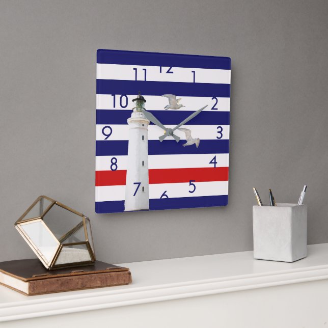 Reloj Cuadrado Faro azul blanco rojo de rayas náuticas (Oficina)