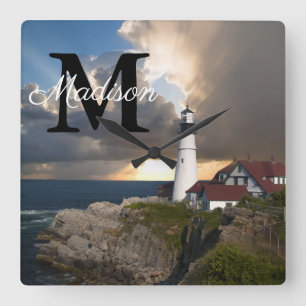 Reloj Cuadrado Faro de Portland Head Lighthouse Maine Foto Nombre