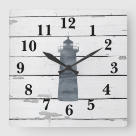 Reloj Cuadrado Faro Nautical Blue Shiplap Decoración Rústica