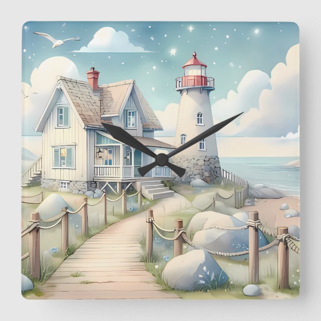 Reloj Cuadrado Faro Pastel Soñador junto al Mar (Anverso)