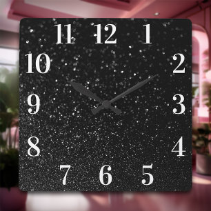 Reloj Cuadrado Faux Black Purpurina Modern Elegant White Numbers