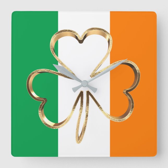 Reloj Cuadrado Faux Gold Shamrock Clover Irish Flag (Anverso)
