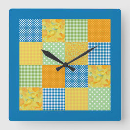Reloj Cuadrado Faux-Patchwork, Daffodils, Polkas, Checks on Blue