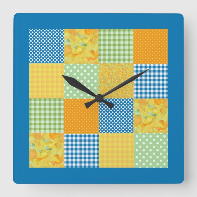 Reloj Cuadrado Faux-Patchwork, Daffodils, Polkas, Checks on Blue (Anverso)