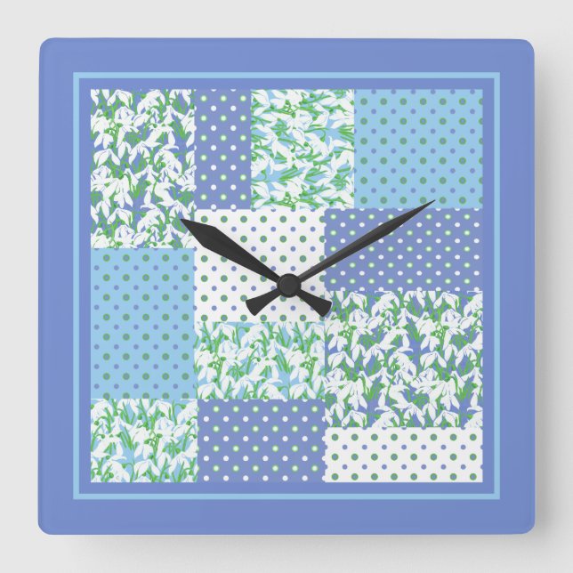 Reloj Cuadrado Faux Patchwork Nieve el verde azul y polkas (Anverso)