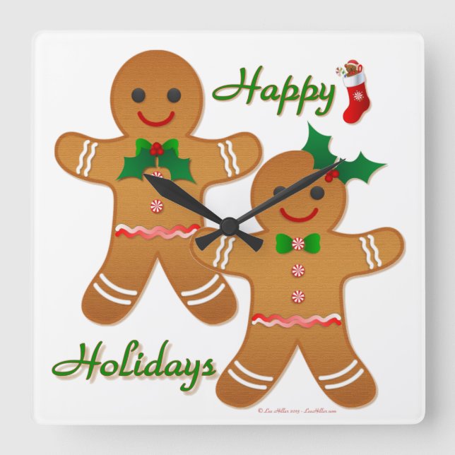 Reloj Cuadrado Felices Fiestas Hombre Mujer de Pan de Jengibre (Anverso)