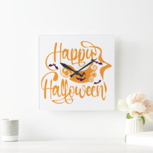 Reloj Cuadrado Felices murciélagos de Halloween jack o lantern