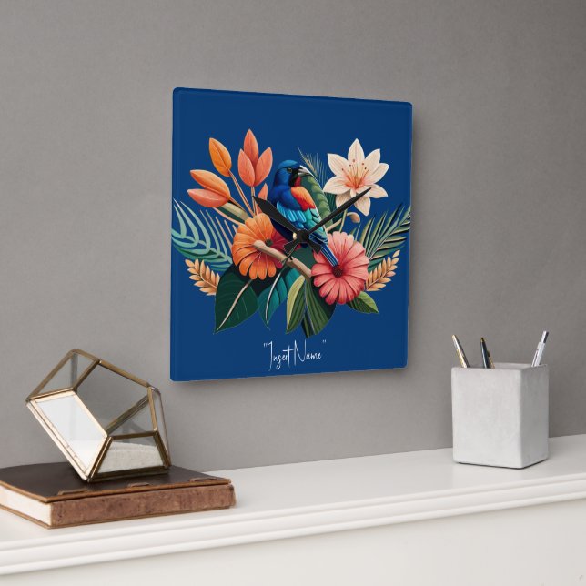 Reloj Cuadrado Felicidad Tropical: Una Fusión Vibrante de Flora (Oficina)