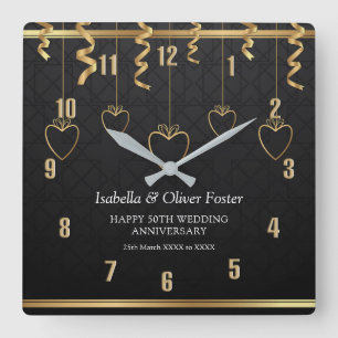 Reloj Cuadrado Feliz 50 Aniversario de Bodas Negro y Dorado