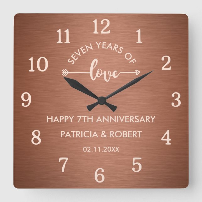 Reloj Cuadrado Feliz aniversario de cobre, sétimo aniversario de  (Anverso)