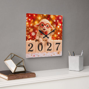 Reloj Cuadrado Feliz Año Nuevo 2027 Año de la Cabra
