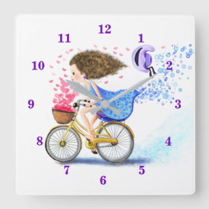 Reloj Cuadrado Feliz Chica En Bicicleta - Románticos Corazones De
