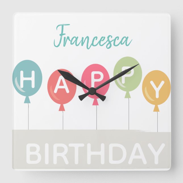 Reloj Cuadrado Feliz cumpleaños, coloridos bailones nombre person (Anverso)