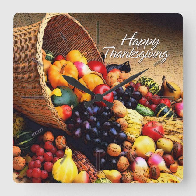 Reloj Cuadrado Feliz Día de Acción de Gracias 12 opciones de bloq (Anverso)