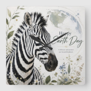 Reloj Cuadrado Feliz Día de la Tierra Fauna de Cebra