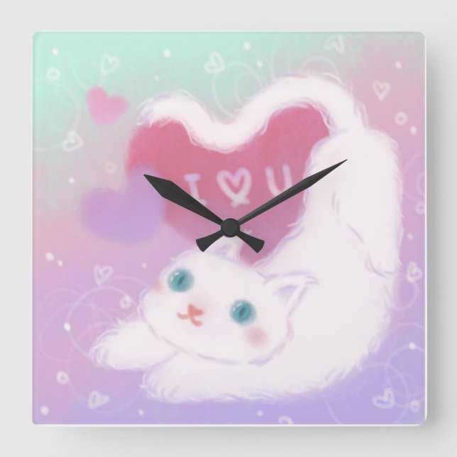 Reloj Cuadrado Feliz día de San Valentín con gato blanco esponjos (Anverso)