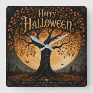 Reloj Cuadrado Feliz Halloween Árbol Espeluznante Luna Llena Góti