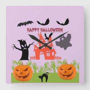 Reloj Cuadrado Feliz Halloween Menancing Tree Bark, murciélagos