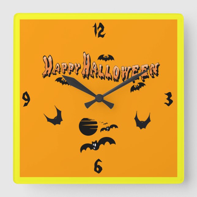 Reloj Cuadrado Feliz Halloween y los murciélagos - (Anverso)