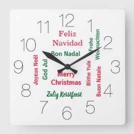 Reloj Cuadrado Feliz Navidad, diferentes idiomas
