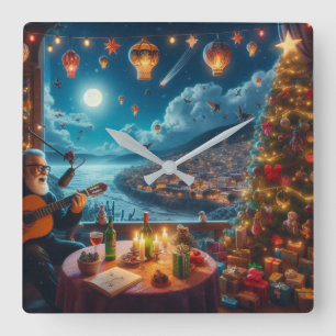 Reloj Cuadrado Feliz Navidad Festivo Guitarra Jugador Ciudad Cost