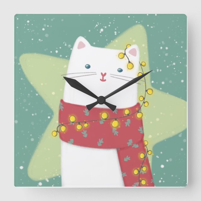 Reloj Cuadrado Feliz Navidad: Ilustracion de gato (Anverso)