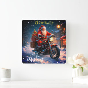 Reloj Cuadrado Feliz Navidad Santa Claus en Motocicleta 