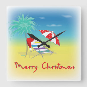 Reloj Cuadrado Feliz Navidad, Santa Hat, Palm Tree, Beach
