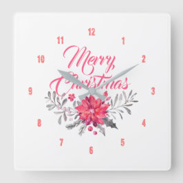 Reloj Cuadrado Feliz Navidad Typografía moderna Flores Bouquet