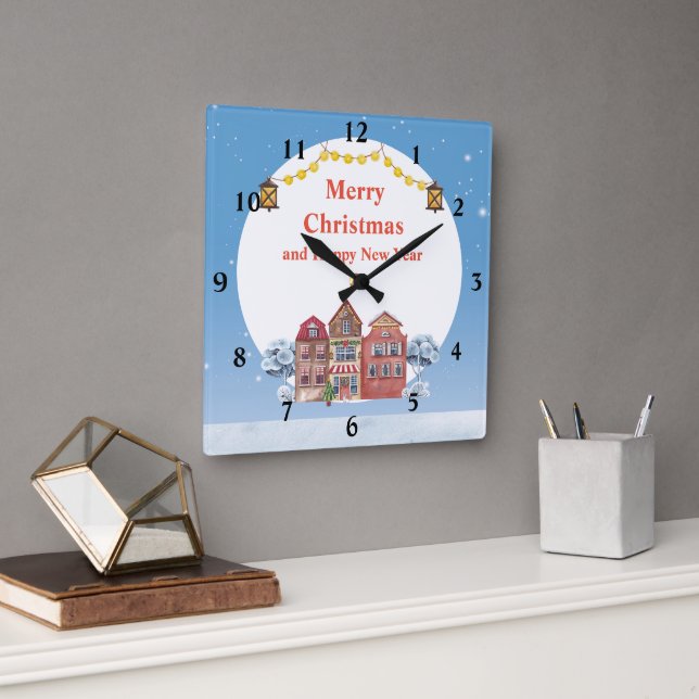 Reloj Cuadrado Feliz Navidad y feliz año nuevo 10.75" (Oficina)