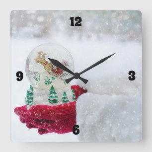 Reloj Cuadrado Feliz Navidad y Santa Nieve Globe