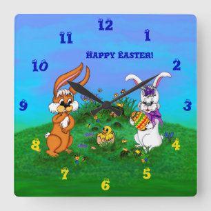 Reloj Cuadrado ¡Feliz Pascua! Conejo con conejo y pollo