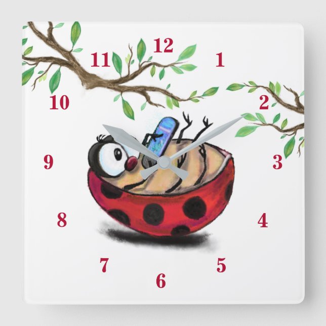 Reloj Cuadrado Feliz Pequeña Ladybug con teléfono - Dibujo Person (Anverso)
