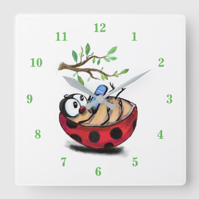 Reloj Cuadrado Feliz Pequeña Ladybug con teléfono - Dibujo Person (Anverso)