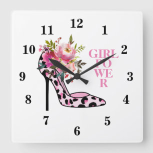 Reloj Cuadrado Femenino Rosa Floral y Tacones Altos 