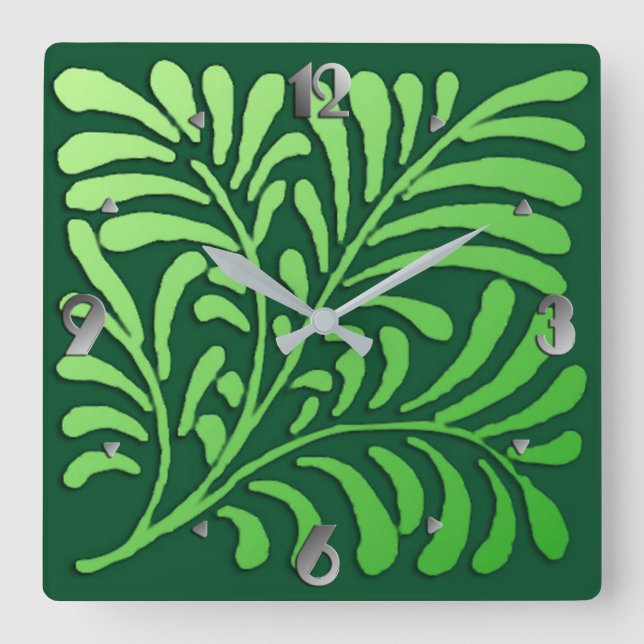 Reloj Cuadrado Fern estilizado de estilo Art Deco, tonos verdes (Anverso)