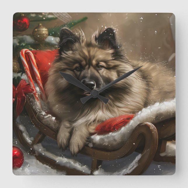Reloj Cuadrado Festival de Navidades de perro de keeshond (Anverso)