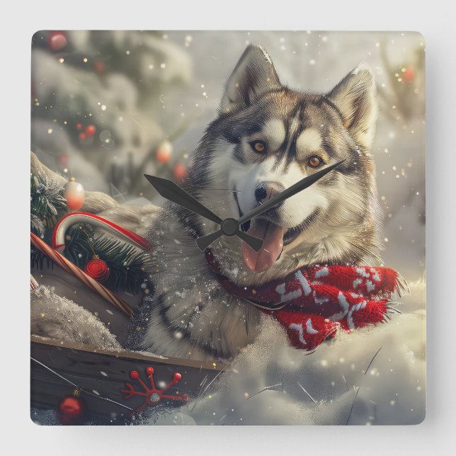 Reloj Cuadrado Festividad de los Navidades de Husky Dog en Siberi (Anverso)
