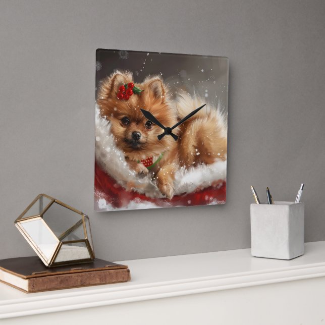 Reloj Cuadrado Festividad de los Navidades de perro de Pomerania (Oficina)