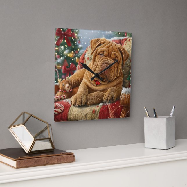 Reloj Cuadrado Festividad de los Navidades de perro de Shar Pei (Oficina)