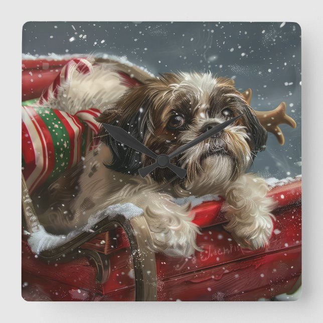 Reloj Cuadrado Festividad de los Navidades de perro de Shih Tzu (Anverso)